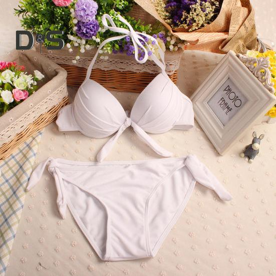 2Pcs/Set Sexy Bikini Set Halter Push-Up Solid Color Bra High Waist Swimming Briefs Set Bowknot Decoration Beachwear