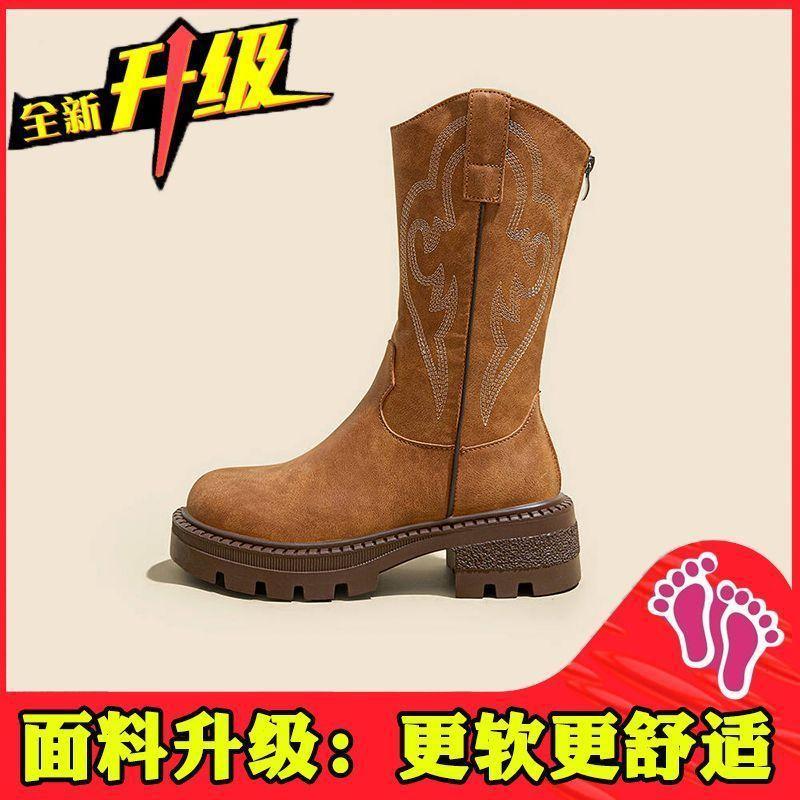 Dicke Sohle Western Cowboy Stiefel Damen Sommer Neu Stickerei Reisebekleidung Mittelstiefel Wüste Kurzstiefel Western Sichuan