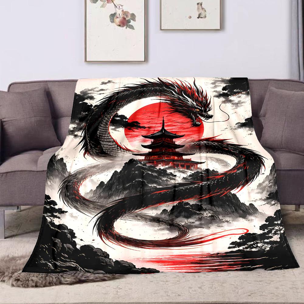 1PC Red Dragon Circling Pagoda Printed Blanket All Seasons Multi-purpose Blanket Suitable for Sofa, Camping, Travel, Car