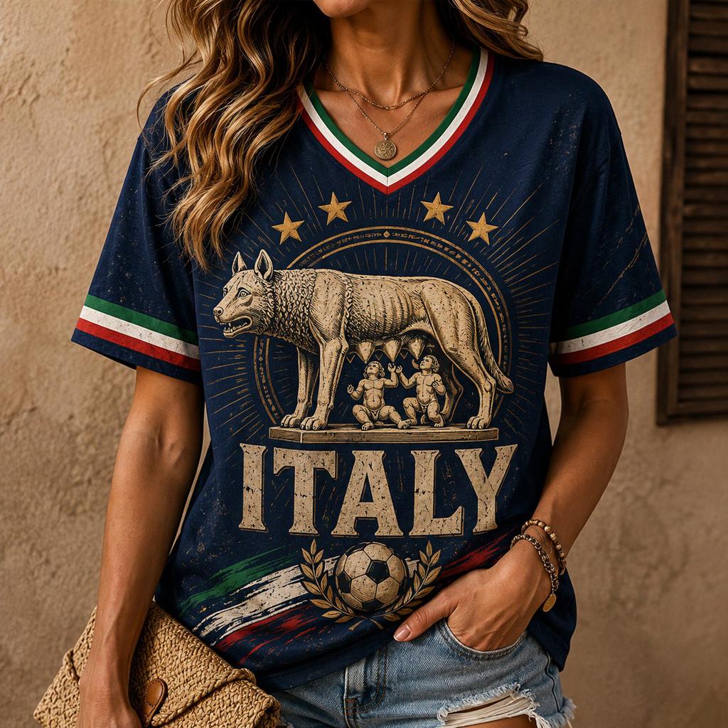 Women V Neck Short Sleeve T Shirt with Stadium Soccer Print Casual Loose Fit Style Top
