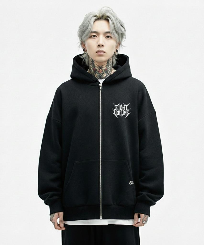 Eightvolume Ev Metal Logo 3-Ply Terry Oversized Zip-Up Hoodie (Black)