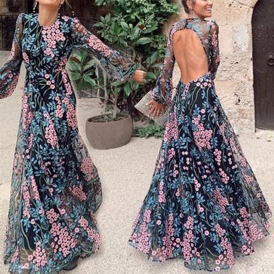 Elegant Floral Print Long Sleeves Backless Maxi Dress Women O Neck Wedding Party Gowns Bride Bridesmaids Host Long Dress