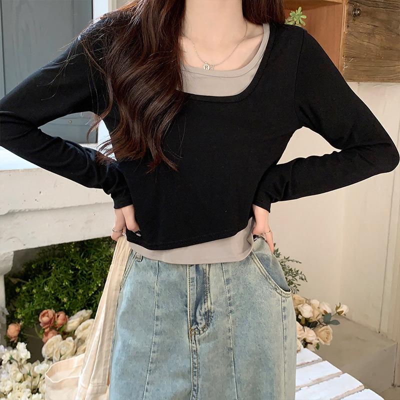 Stitched Contrast Color Long-sleeved T-shirt for Women In Summer, New Design, Round Neck, Short, Elastic, Slimming, Fashionable and Age-reducing Top