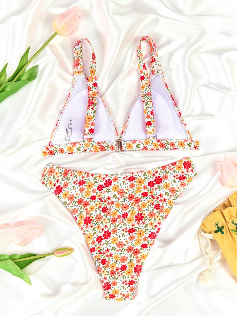 Small Floral Print Backless Sexy Two Piece Swimsuit Elegant For Vacation
