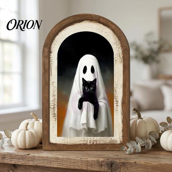 Halloween Spooky Decorative Sign Ghost Wall Decor, Cute Table Sign, Vintage Arch Framed Fall Season Accent Picture, Art for Mantel Living Room Bedroom