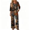 Women's Casual 2 Piece Outfit Set Printed 3/4 Sleeve Button Down Top Wide Leg Pants Wear