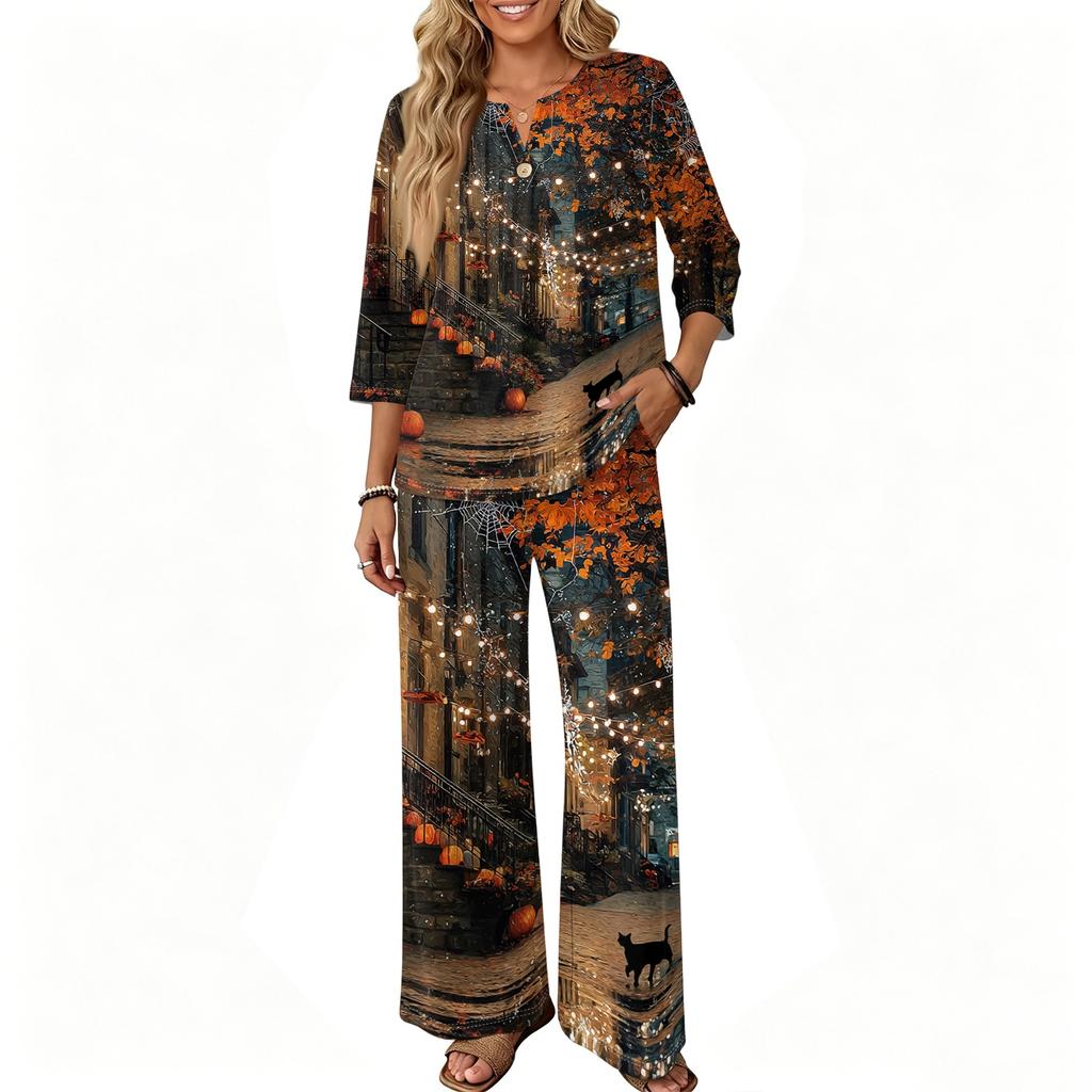 Women's Casual 2 Piece Outfit Set Printed 3/4 Sleeve Button Down Top Wide Leg Pants Wear