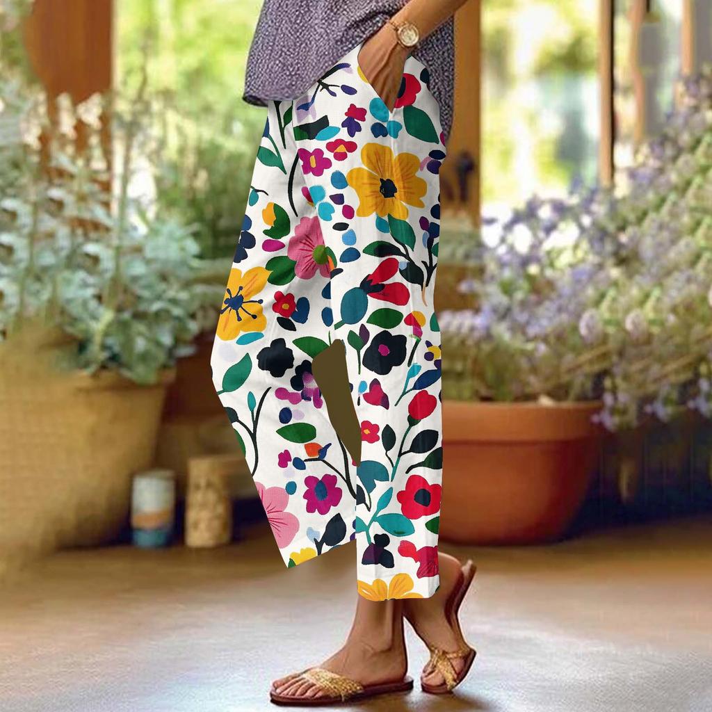 Damskie codzienne modne spodnie z prostą nogawką z nadrukiem kwiatowym spodnie z kieszeniami