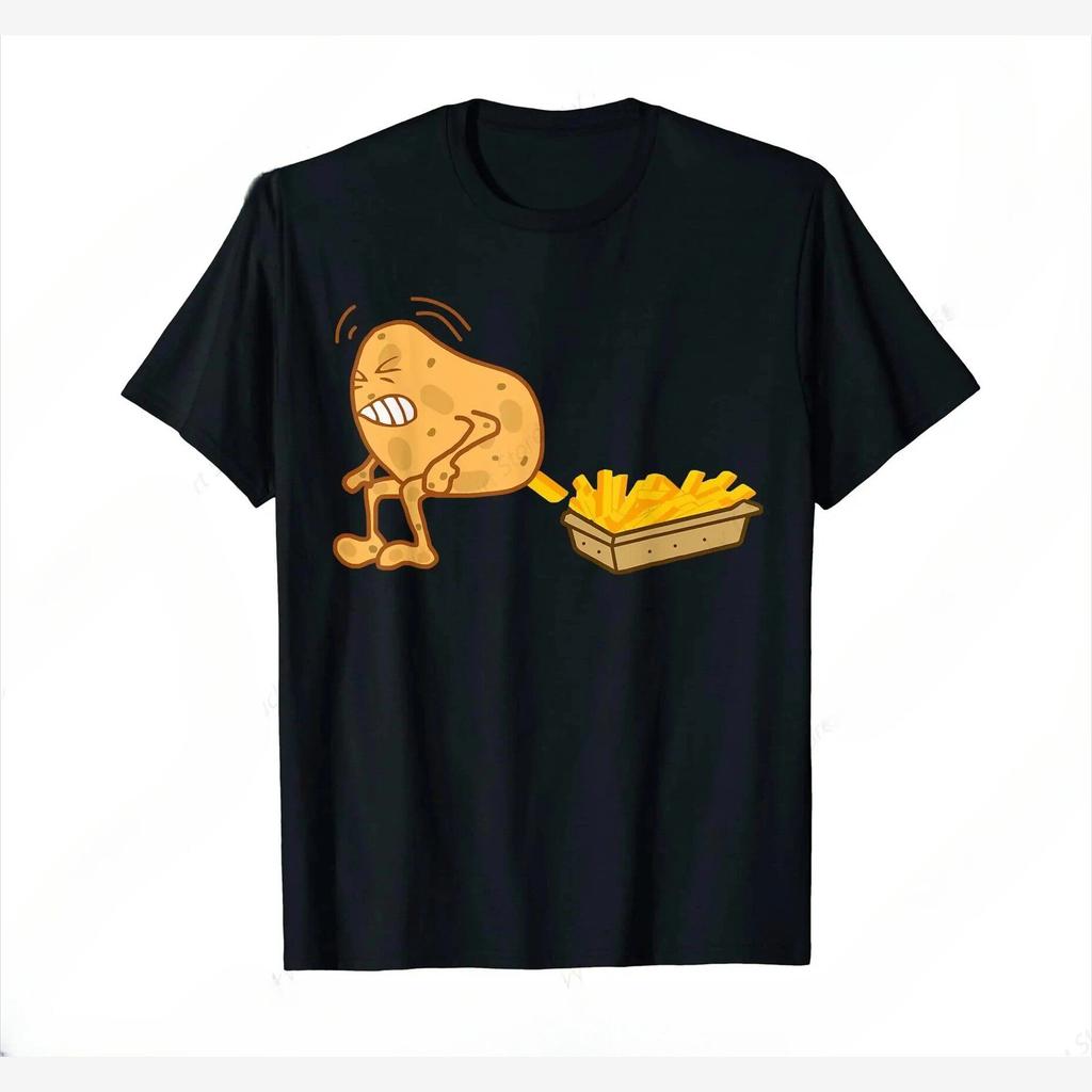 Funny Potato Fries Cartoon T Shirt Kawaii Food Humor T-shirt for Unisex Women Casual Loose Printed Tshirt Short Sleeve Clothes Top