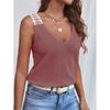 Chal de encaje de retazos de verano con cuello en V sin mangas Elegante Camiseta sin mangas de rejilla holgada Nueva Blusa casual de color liso para mujer Camiseta dulce Ropa dulce simple