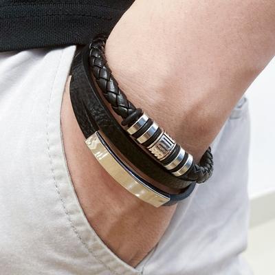 Braccialetti in pelle alla moda per uomo Bracciale in acciaio inossidabile Braccialetti in corda intrecciata multistrato da 21 cm per regali di gioielli maschili