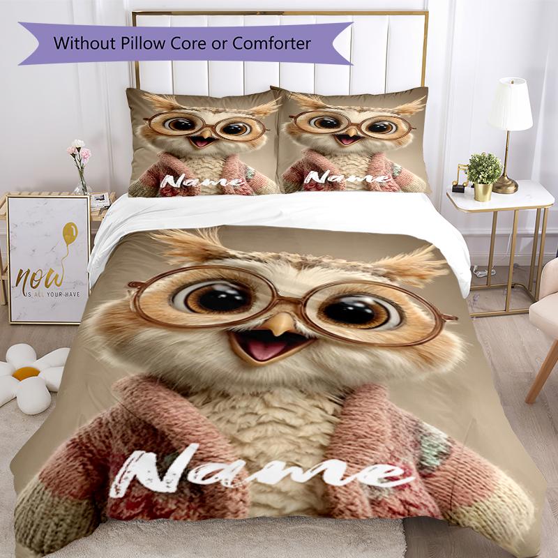 3pcs Custom Name Owl Bedding Set Duvet Cover Closure Includes 1 Duvet Cover & 2 Pillowcases, Soft and Comfortable for All Seasons.