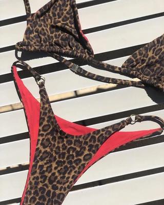 Biquíni Leopardo Sexy Feminino com Alças Push Up Roupa de Banho Biquíni de Três Pontos Cintura Baixa Moda Praia Feminina Verão Costas Nuas