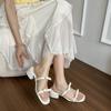 Fashion Fairy Style Bow Slippers Women's Block Heel New Summer Round Head with Skirt French Beautiful Mid-heel Flip-flops