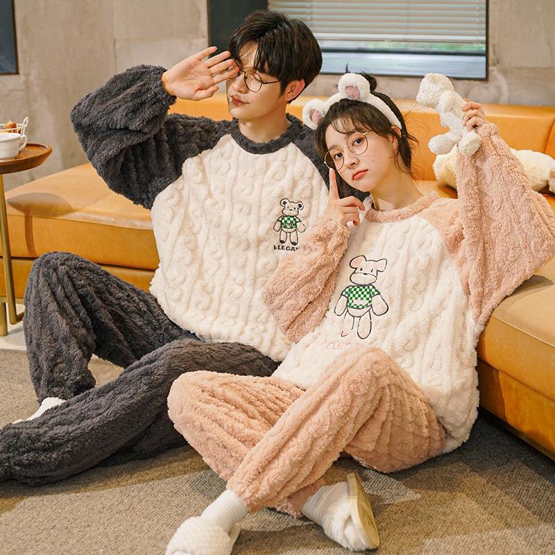 Couples' Cozy Flannel Pajama Set: Women's Plus Velvet, Men's Loose Fit, Warm Coral Fleece Homewear