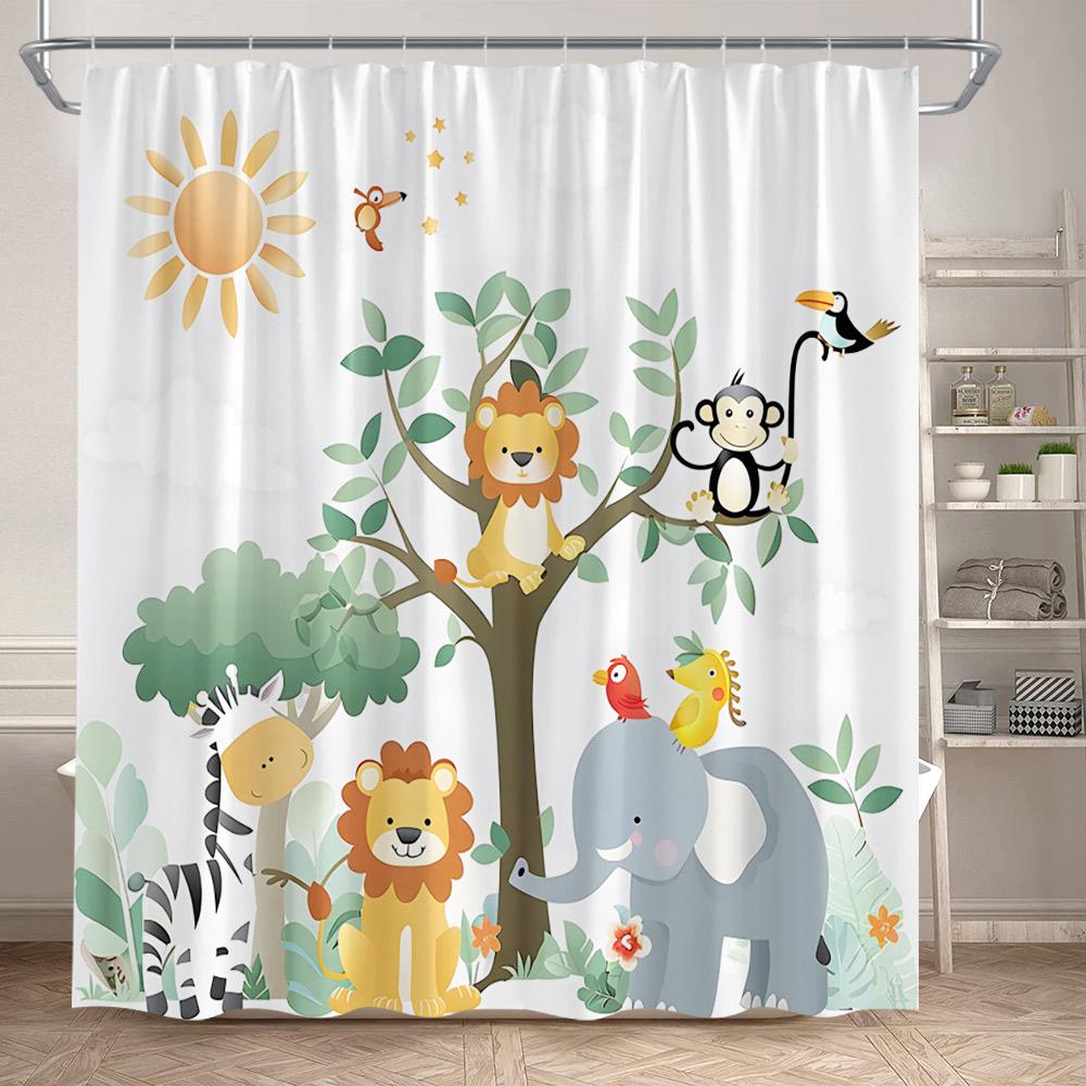 Cartoon Wild Animals Shower Curtains Lion Elephant Giraffe Monkey Forest Wildlife Kids Bath Curtain Fabric Home Bathroom Decor