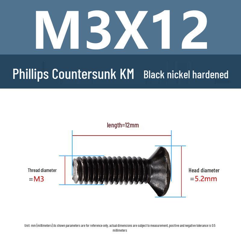 Yigu Uhlíková ocel Černý nikl Kalené KM Šrouby s plochou hlavou Phillips M2-M4 pro elektroniku
