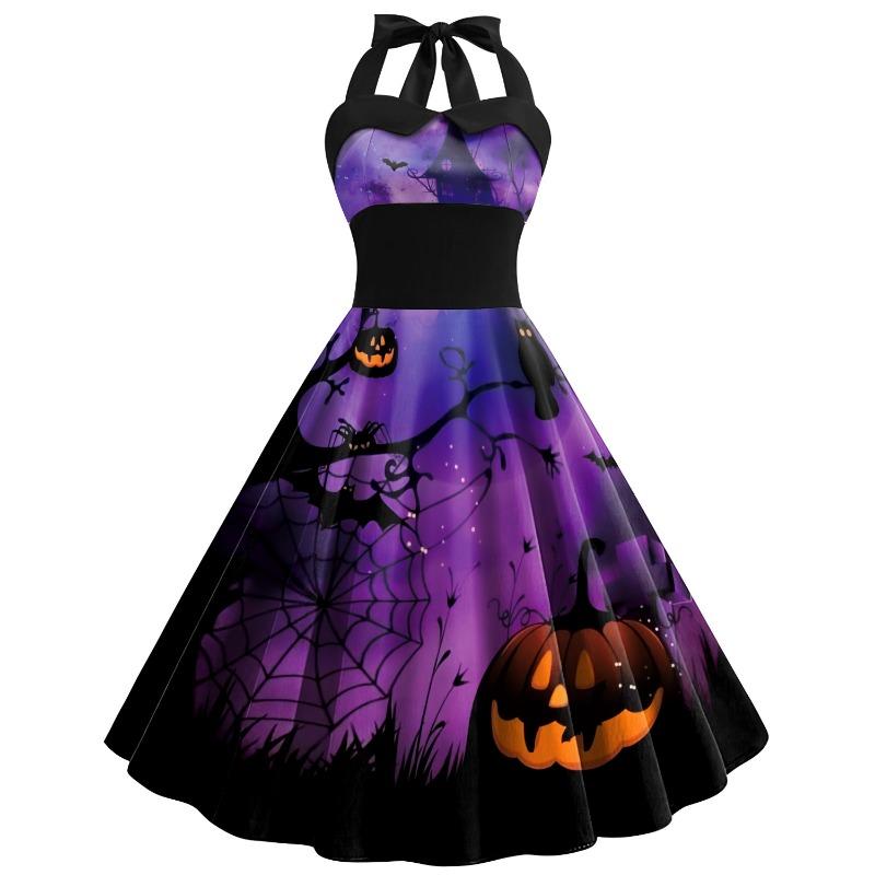 Summer New Halloween Dress Skull Cobweb Printing Costume Women's Strap High Waist Dress Children