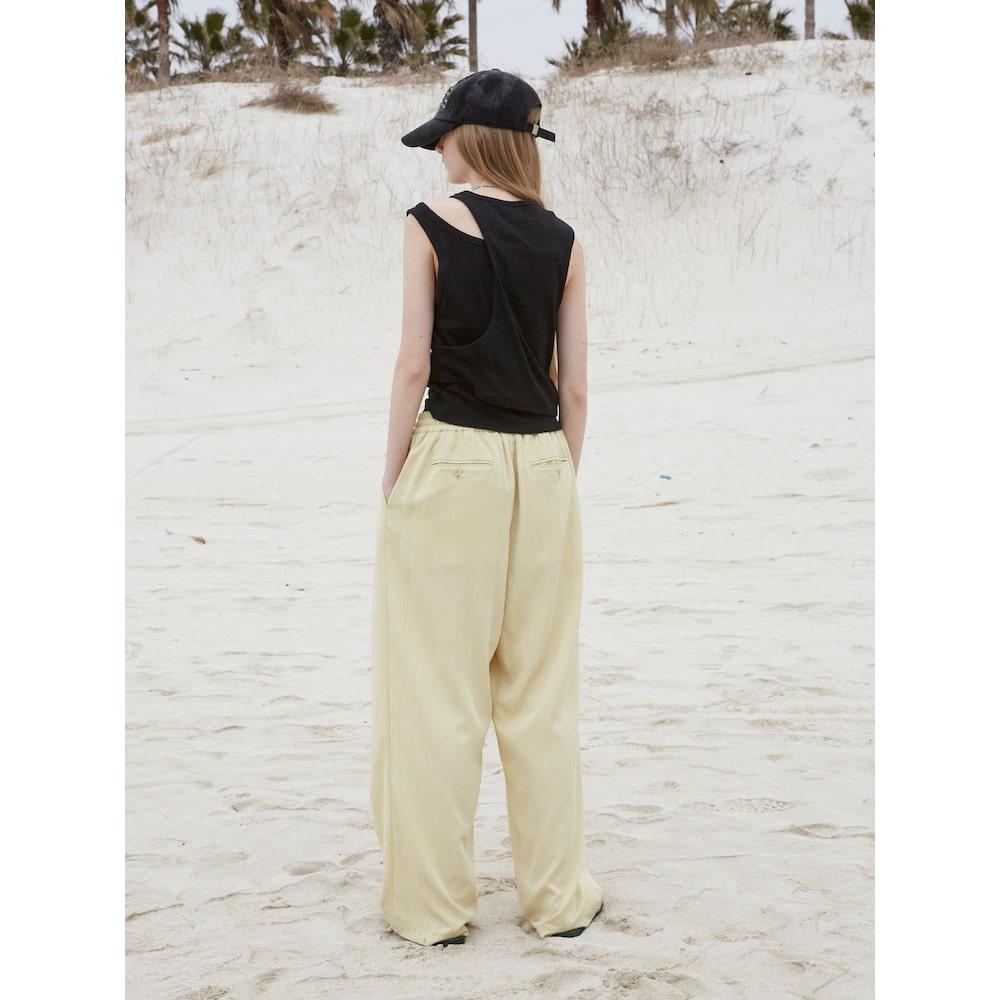 Saendeusaundeu (Unisex) Wide Elastic Waist Pants Beige