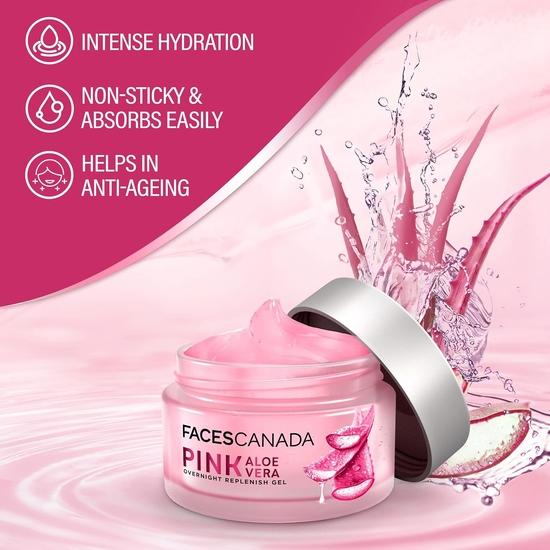 FACESCANADA Pink Aloe Vera Overnight Replenish Gel, 50g | Hyaluronic Acid & Vitamin E | Intense Hydration | Lightweight, Non Sticky & Absorbs Easily