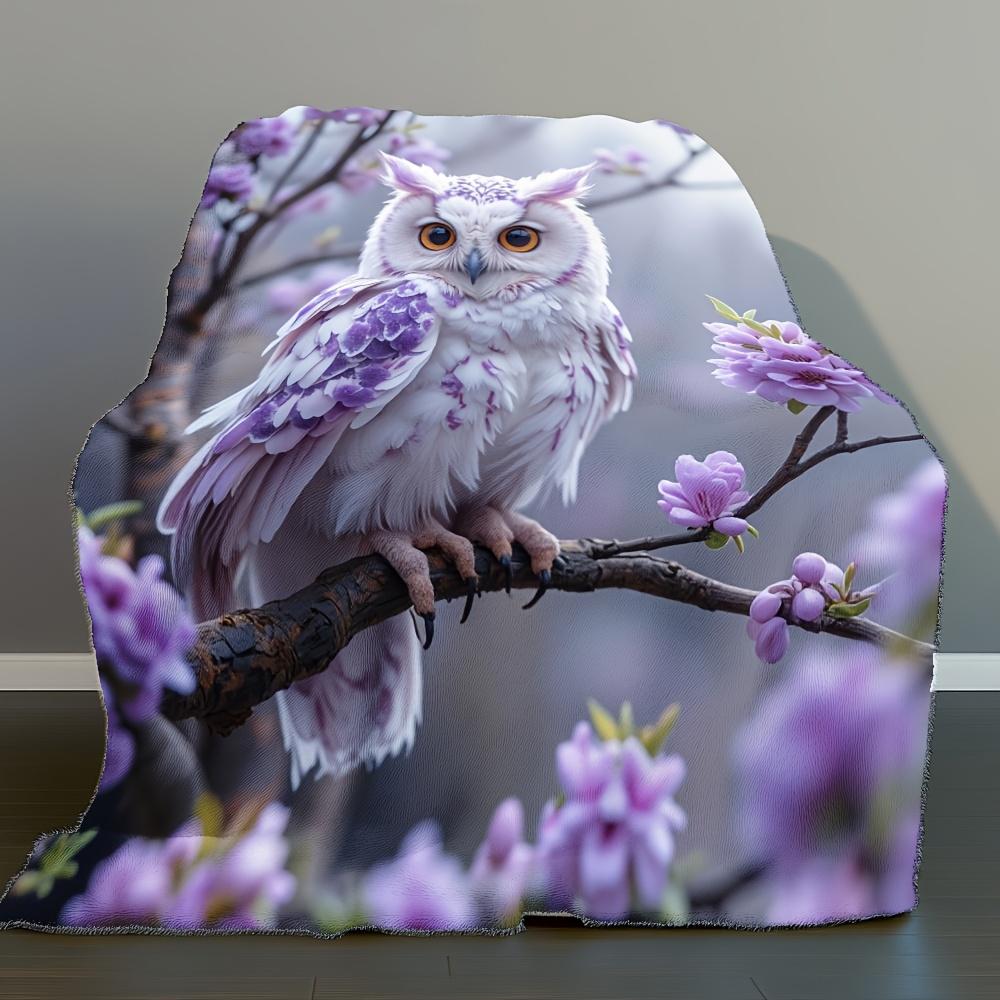 

[1pc Ultra-Soft Flannel Blanket] Ultra-Soft Twin Size Flannel Throw Blanket - 1pc Purple Blossom Owl & Pink Flowers Fantasy Prin 75x90cm