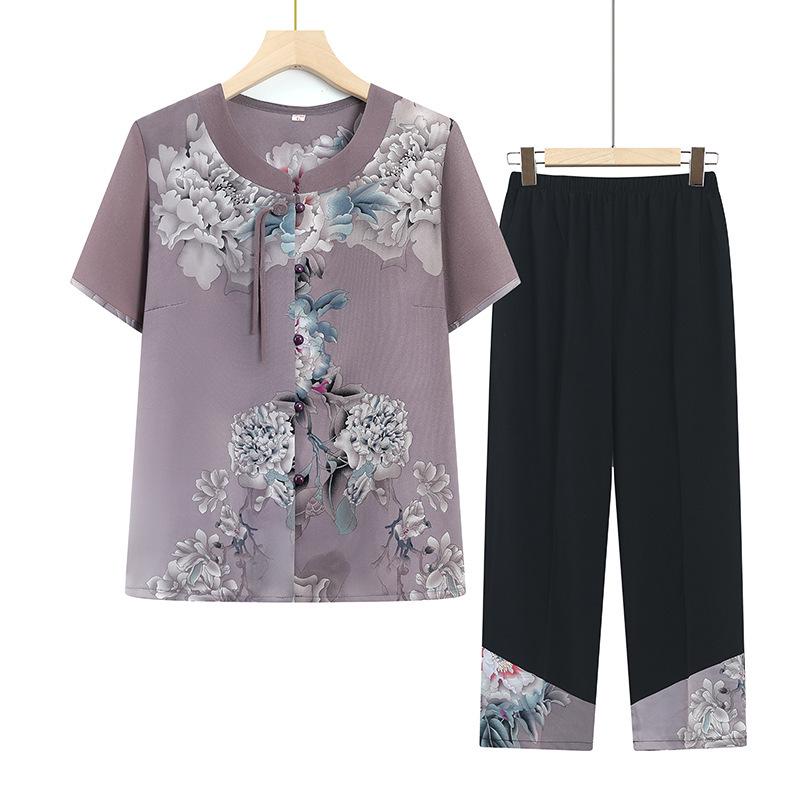 

Women s Summer Short-Sleeve Two-Piece Set: New Chinese Style for Elders 4XL (135-150 Jin)