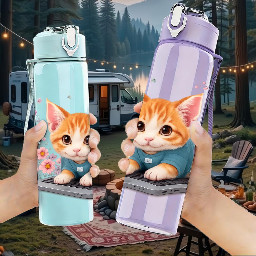 1PC Floral Surrounded Kitten 750ml Color Plastic Sports Water Bottle Leakproof Flip Straw Lid For Sports Office Home Use