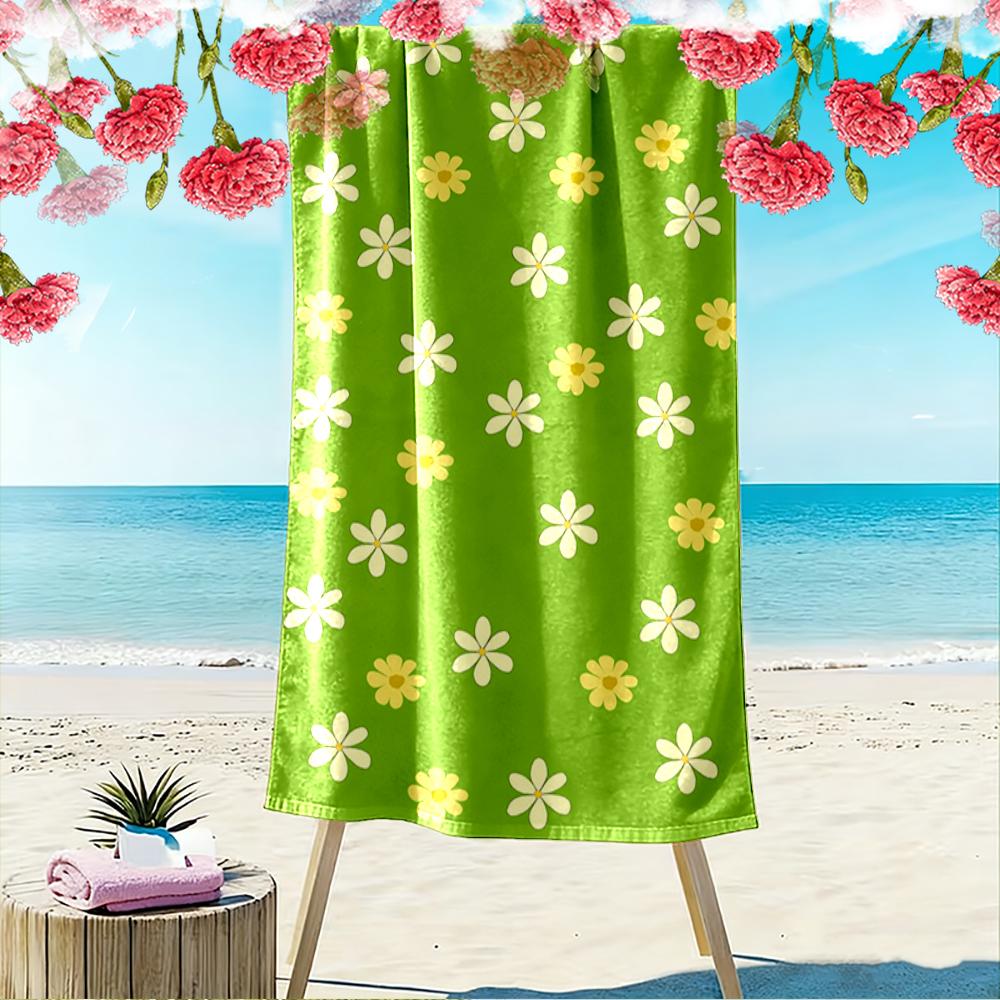 Green Towel with Yellow and White Flowers Beach towel quick-drying for travel outdoor sports jogging beach and swimming