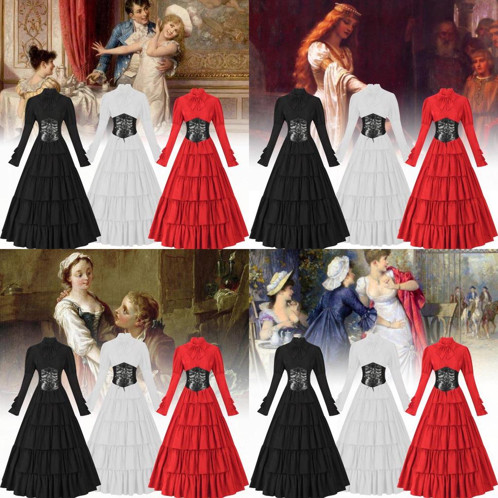 Stunning Renaissance Inspired Long Dress For Women In Black Red And White Colors