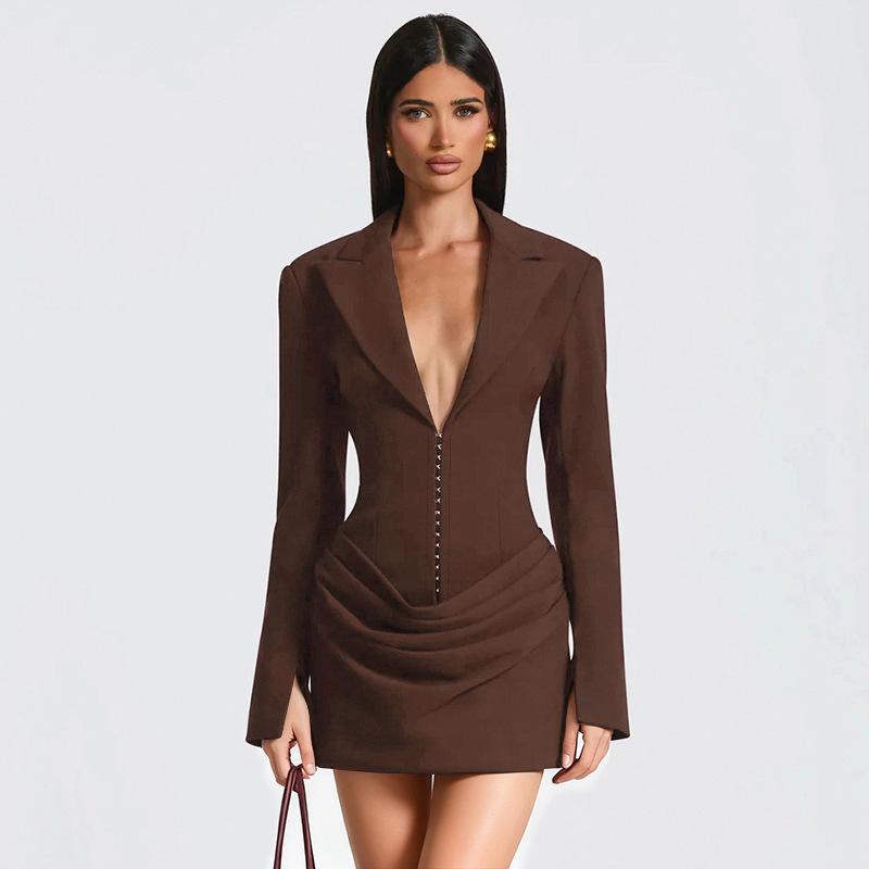 

2025 Women s Autumn Winter V-Neck Ruched Mini Dress 3XL коричневий