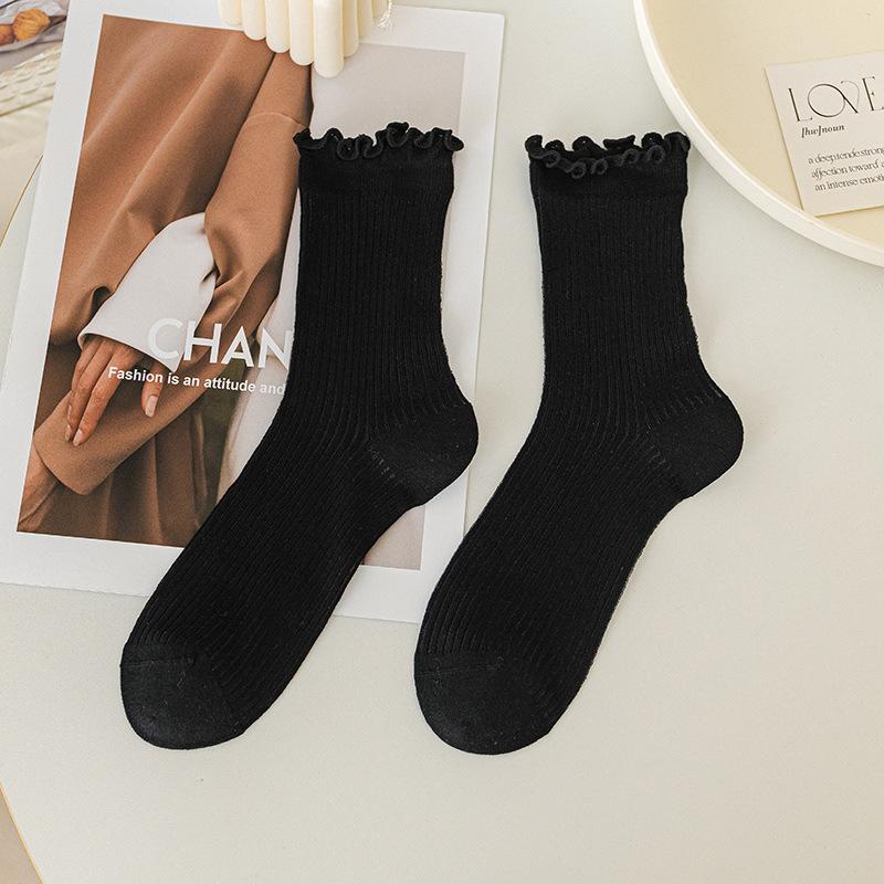 Ladies Summer Thin Wooden Ear Side Lovely Lace Vertical Bar Mesh Breathable Mid Tube Stack Socks