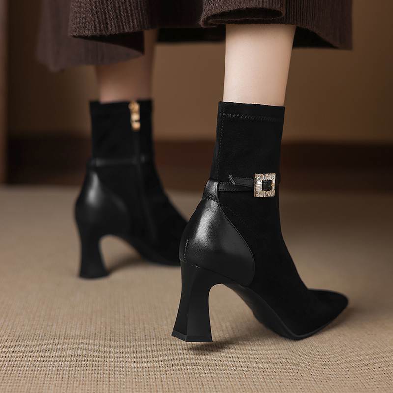 Krazing Pot Flock Pointed Toe Thin High Heels Modern Boots Size 42 Zip Plus Size Crystal Buckle Women Elastic Ankle Boots