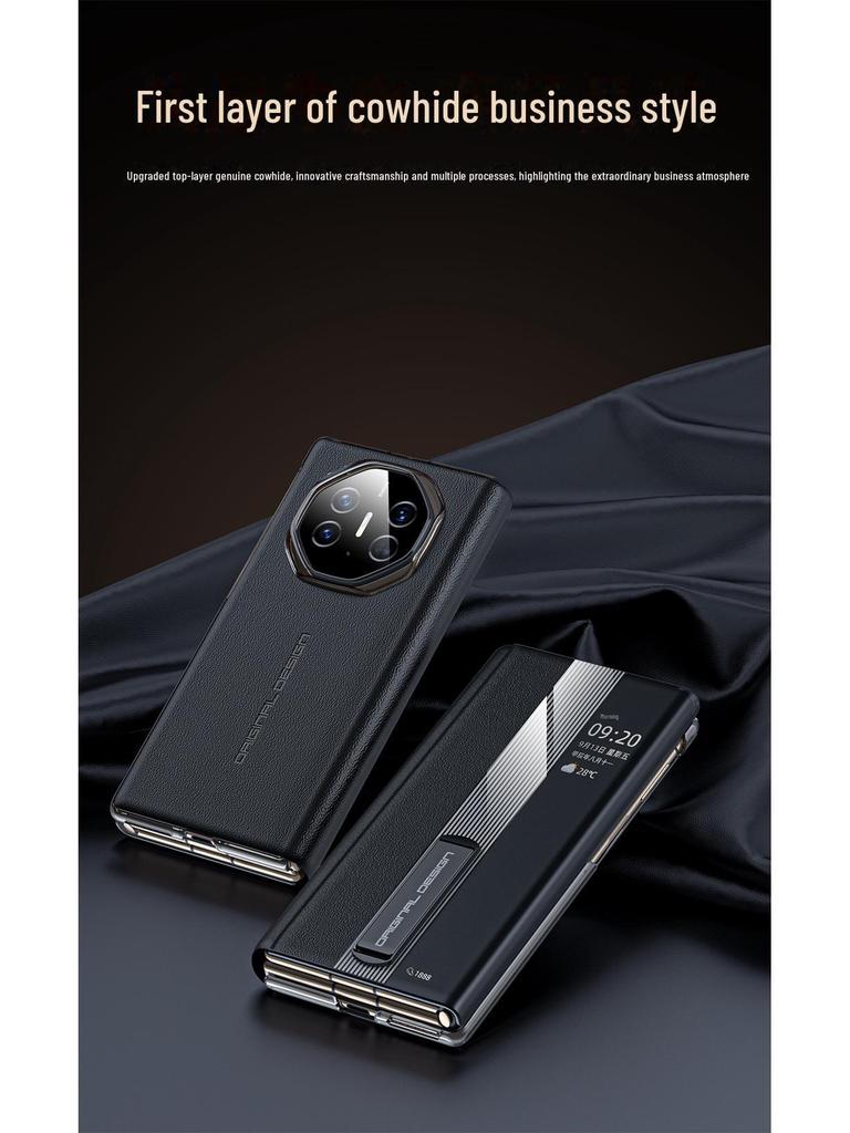 Husă din piele pentru Huawei MateXT: Pliere în trei, din piele naturală de vită Nappa, cu model perforat, cu fereastră inteligentă și suport.