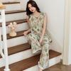 Summer Thin Sleeveless Pajamas Women's Cotton and Silk Floral Lace Wide-leg Pants Loose and Cool Loungewear Can Be Worn Outside Set