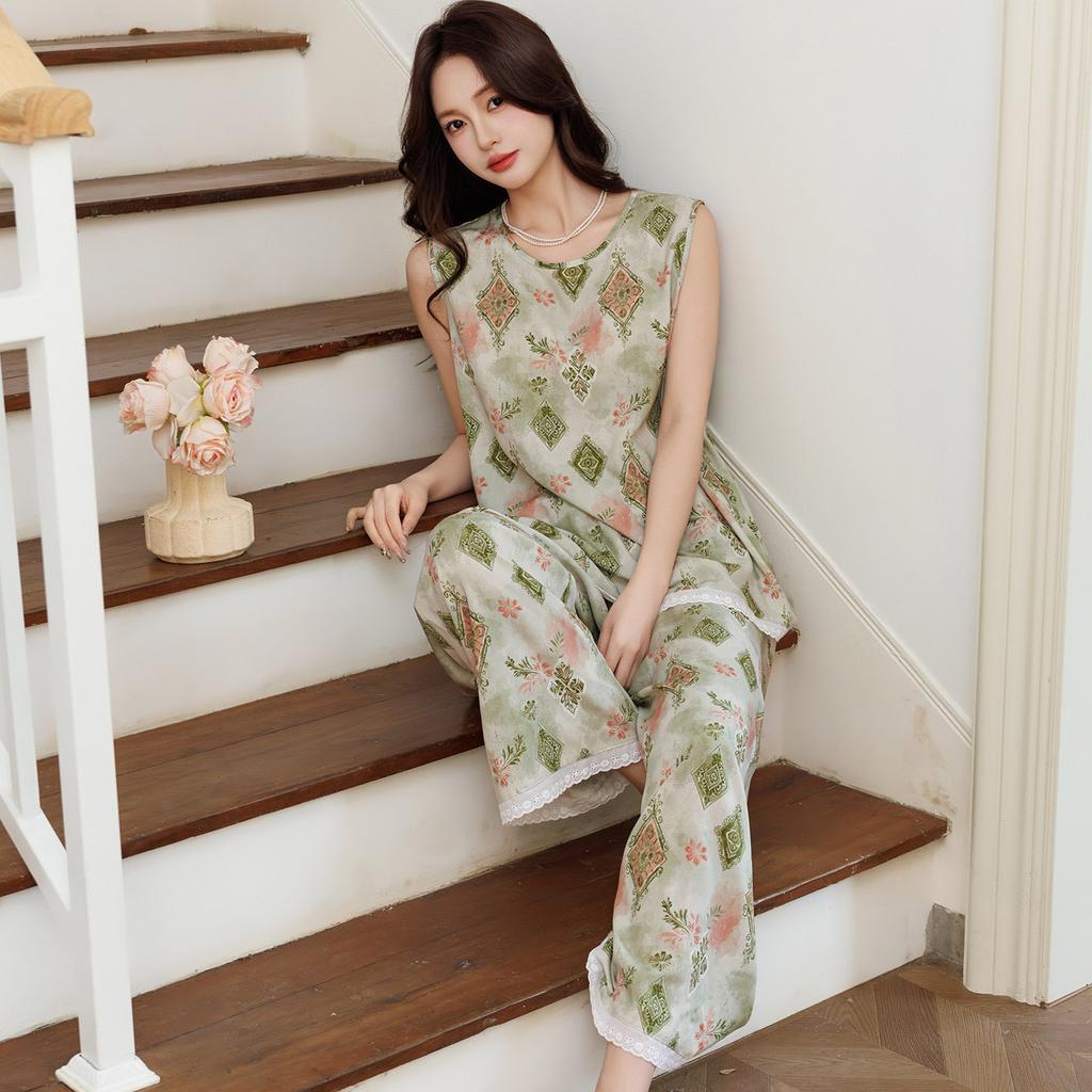 Summer Thin Sleeveless Pajamas Women's Cotton and Silk Floral Lace Wide-leg Pants Loose and Cool Loungewear Can Be Worn Outside Set