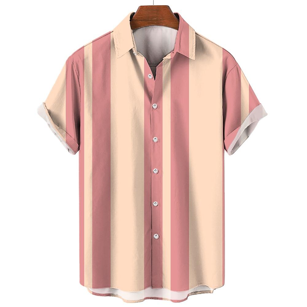 Men's Hawaiian Beach Short Sleeved Striped Shirt 3D Printed Loose Street Fun Men's Top Fashion Casual Simple Pocketless Shirt