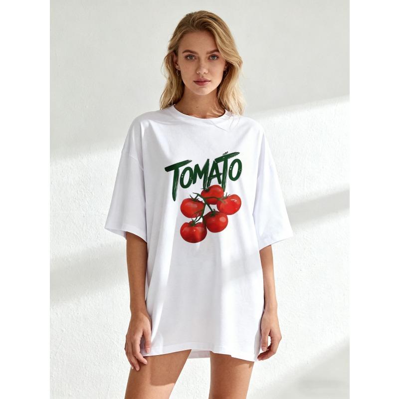 Oversized T Shirt Black Tomato Print With Cherry Tomatoes And Text For Casual Wear