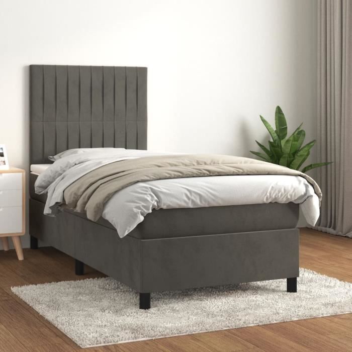 3143122 vidaXL Lit à sommier tapissier et matelas Gris foncé 90x200 cm Velours
