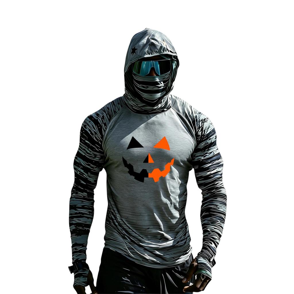 Men's Long Sleeve Hooded Sun Top with Color Block Raglan Sleeves Halloween Print