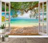 Coastal Window View Wall Hanging, Tropical Beach Ocean Green Tree Nature Landscape Art Fabric for Bedroom Living Room Decor