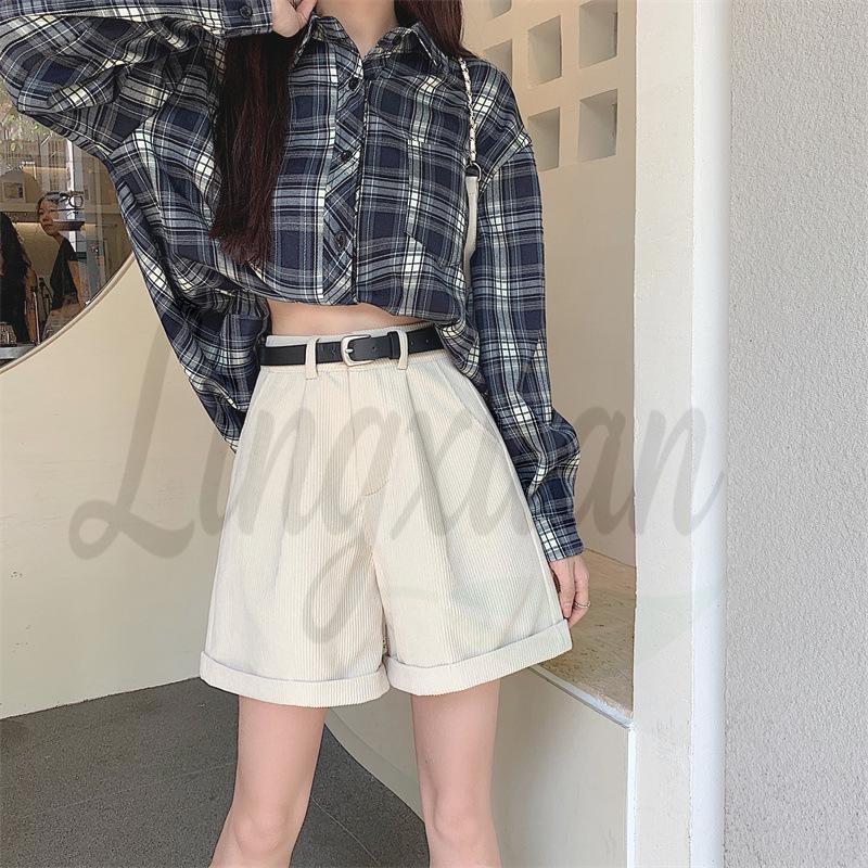 Corduroy Cuffed Straight Leg Shorts for Women - Autumn/Winter Loose Slimming Wide Leg Casual Pants