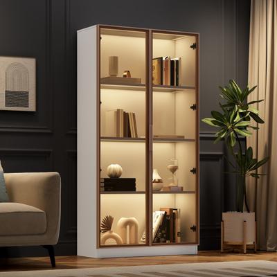White Glass Display Cabinet with 16-Colour Led Lighting, Double-Door Display Cabinet with Movable Shelves, 80*40*160cm, Tall Cabinet for Living Room,