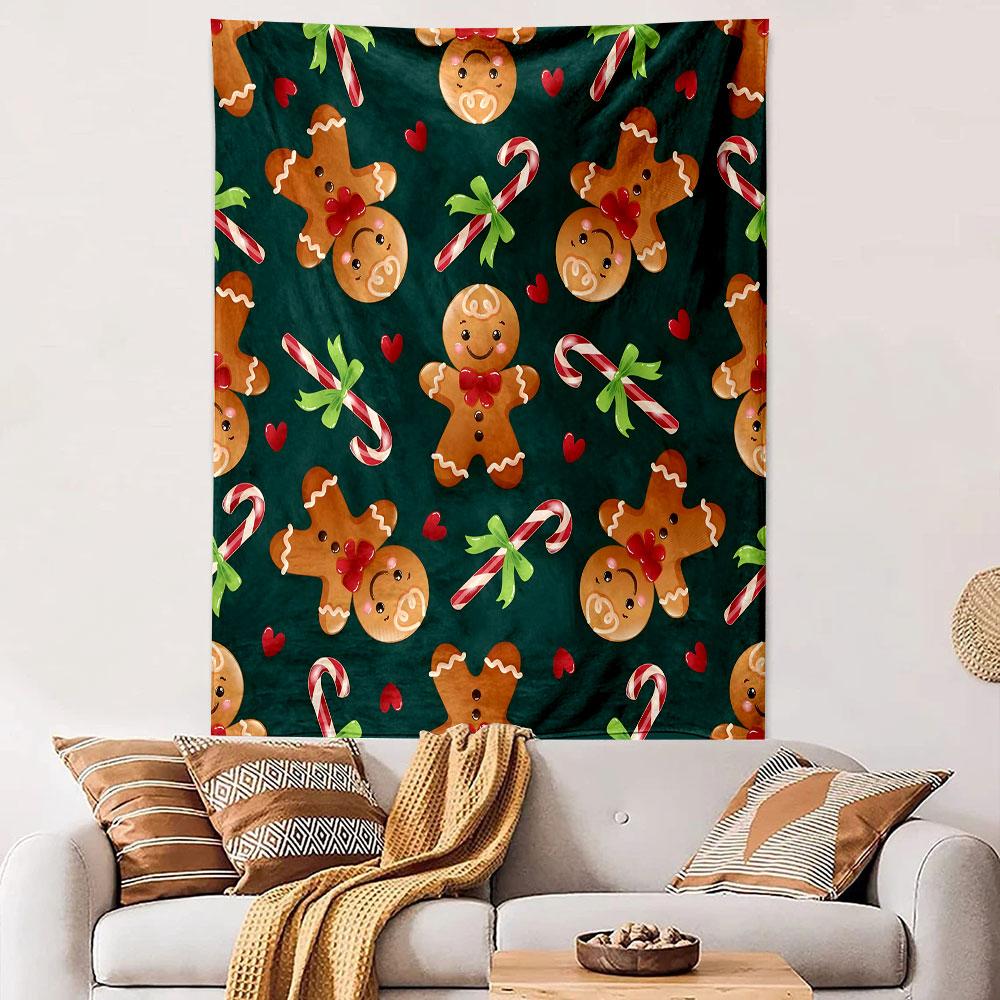 Gingerbread Men and Candy Canes Pattern Patterned Tapestry Decorative Wall Hanging, Home Bedroom Living Room Decor