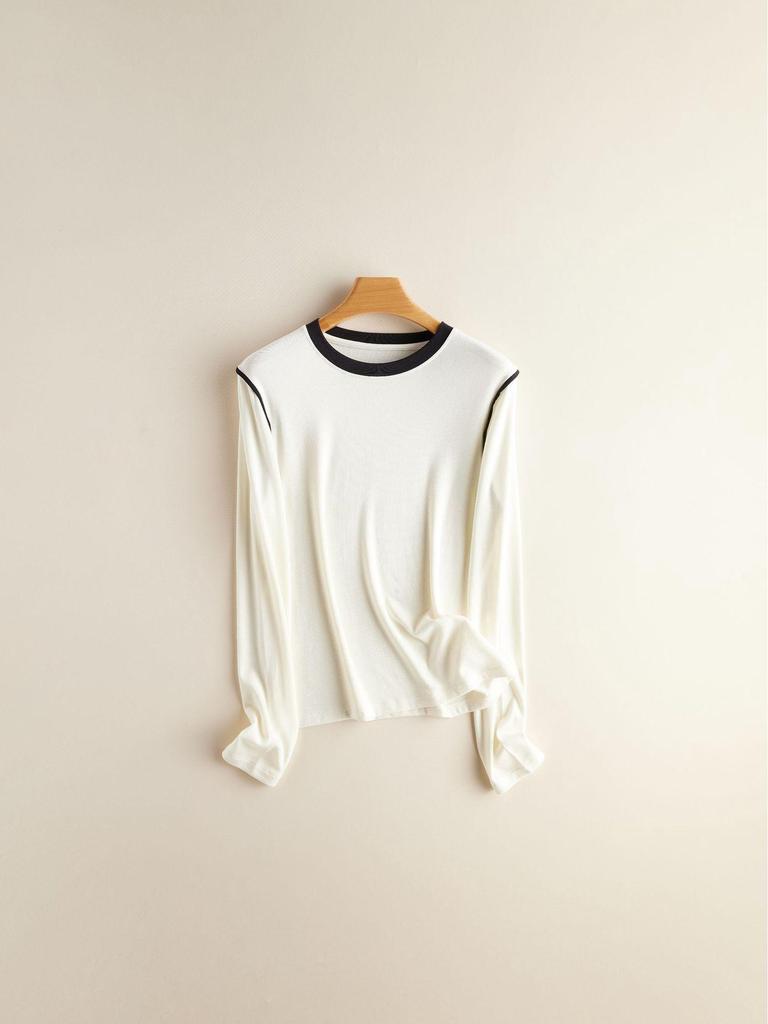 Women's Classic Black & White Color Block Crew Neck Long Sleeve T-Shirt - Spring Collection Wool Acetate Lyocell Base Layer