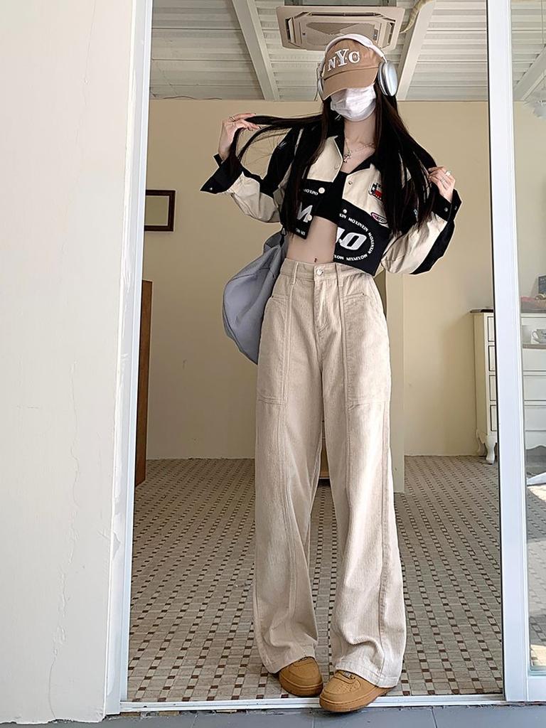 Pantaloni din Velur și Catifea côtelată Maro Retro Toamnă/Iarnă cu Crăpătură pe Picior Lărgit pentru Femei Înalte Talie Înaltă Colanți Lungi