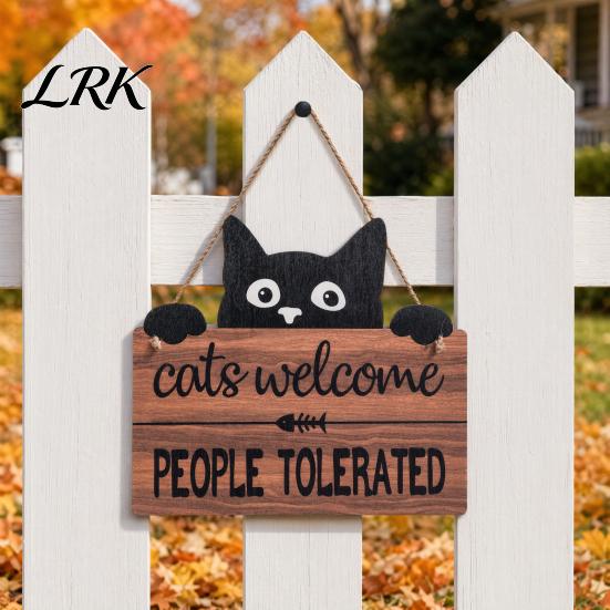 2D Flat Wood Sign Halloween Hanging Door Sign, Cute Cat Wooden Front Pet Name Tag Hanger with Hemp Rope for Porch Wall Indoor Home Decor