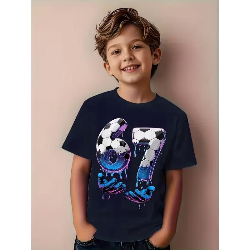 Boys Crew Neck Short Sleeve T-Shirt with Football Style Number 67 Print