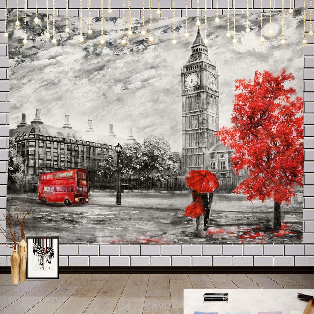 Black and White England Landmark Picnic Mat Hippie Trippy Tapestry Wall Art Meditation Decor for Bedroom Living Room Dorm, Red