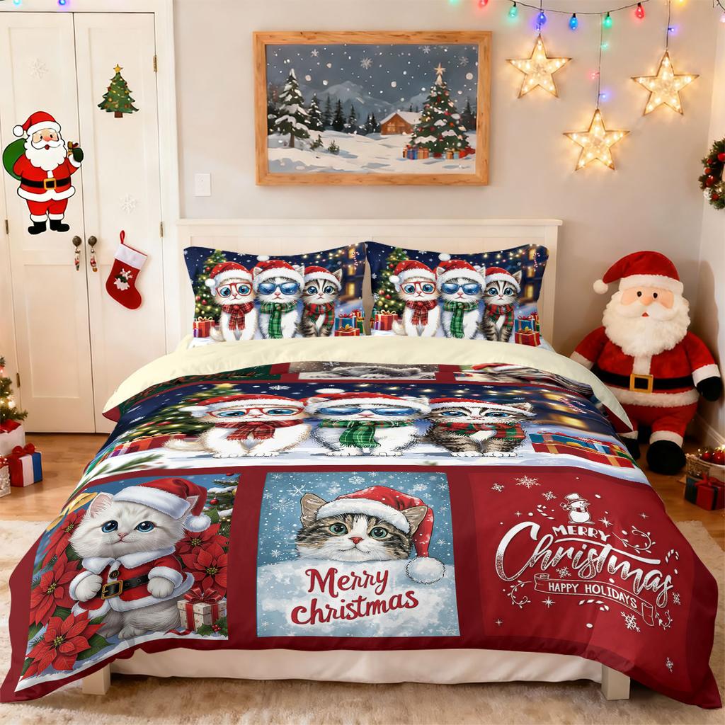 3Pcs Merry Christmas Cat Printed Chipless Bedding Set Soft Dormitory Bedroom Multiple Sizes Machine Washable