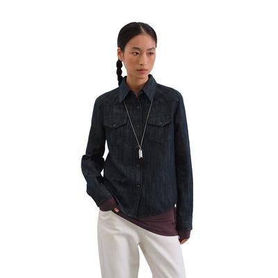 GREEN BELT Damen Baumwoll-Leinenmischung Jeans-Stil Langarmhemd